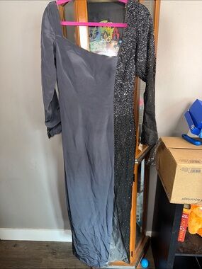 Stephen Yearick One-Shoulder Black Evening Gown with Sparkle Sleeve